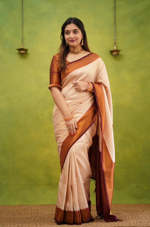 Elision Beige Soft Banarasi Silk Saree With Eloquence Blouse Piece - Shop authentic Indian Women's Fashion by Silk Folks