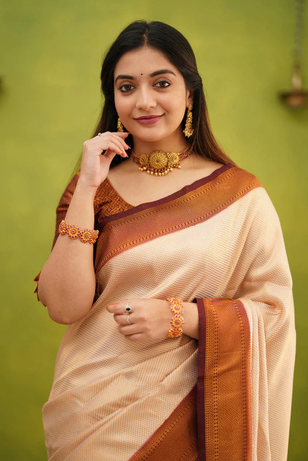 Elision Beige Soft Banarasi Silk Saree With Eloquence Blouse Piece - Shop authentic Indian Women's Fashion by Silk Folks