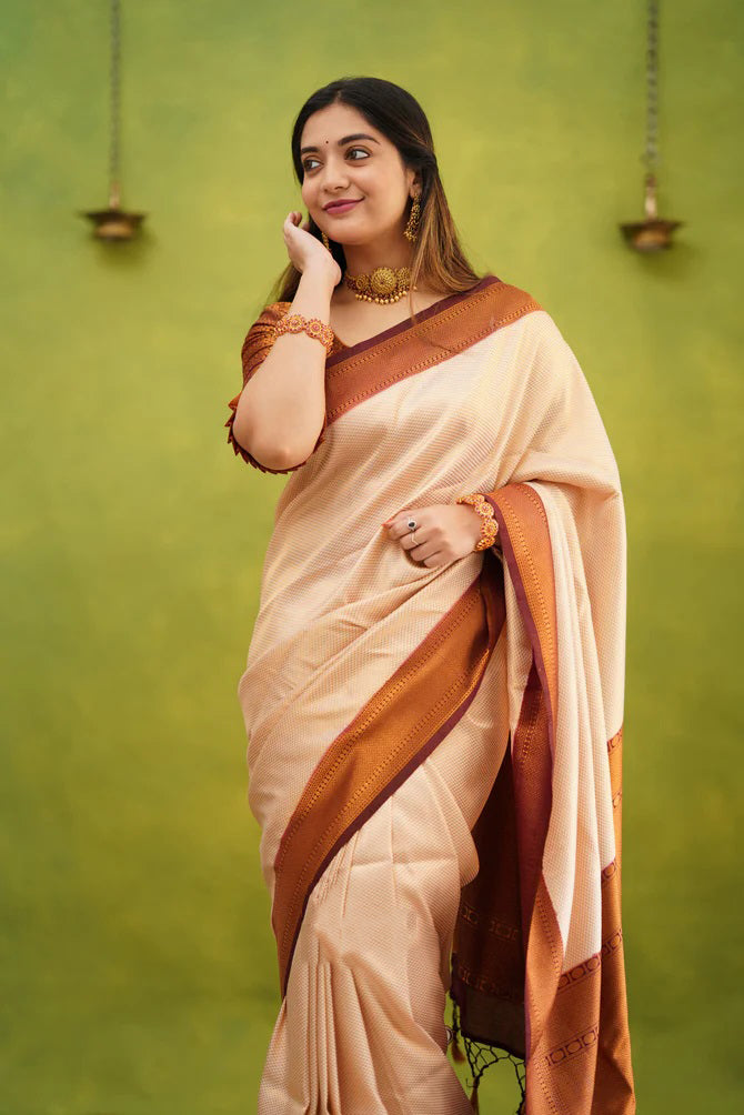 Elision Beige Soft Banarasi Silk Saree With Eloquence Blouse Piece - Shop authentic Indian Women's Fashion by Silk Folks
