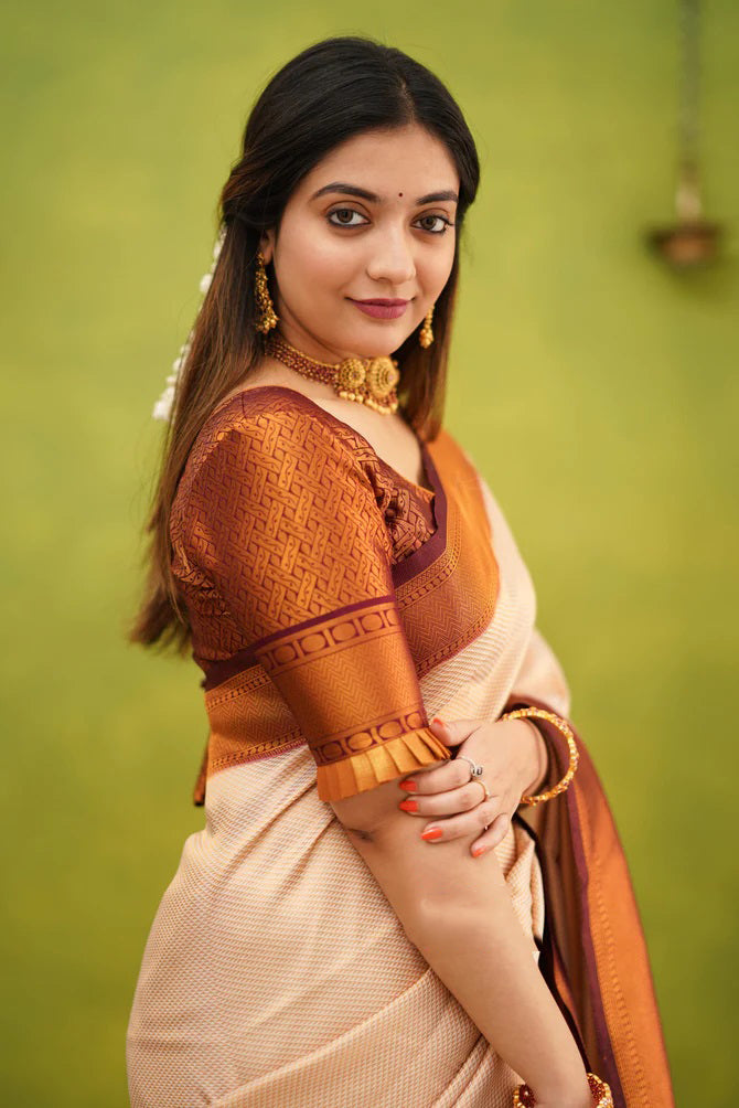 Elision Beige Soft Banarasi Silk Saree With Eloquence Blouse Piece - Shop authentic Indian Women's Fashion by Silk Folks