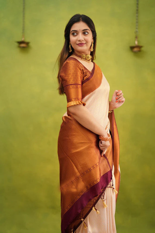 Elision Beige Soft Banarasi Silk Saree With Eloquence Blouse Piece - Shop authentic Indian Women's Fashion by Silk Folks