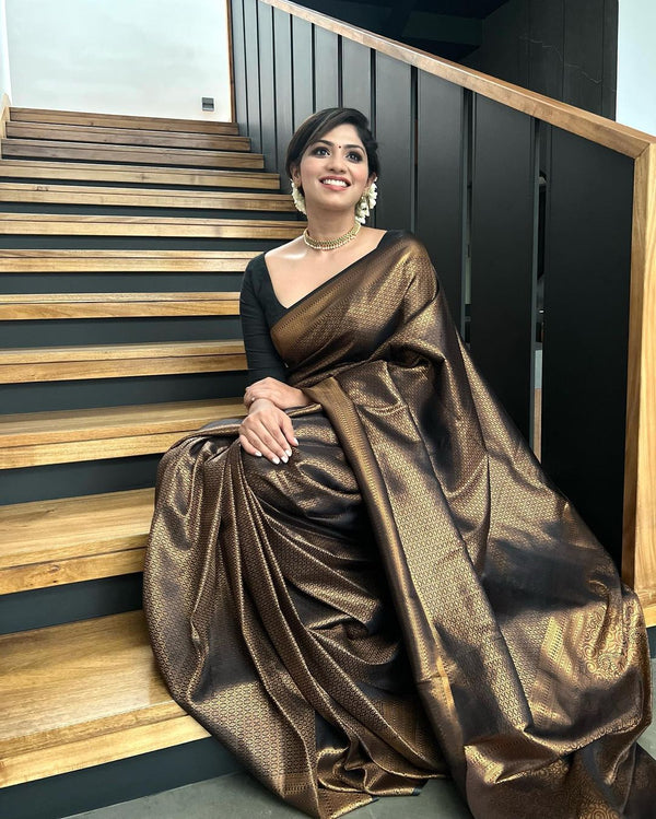 Lovely Black Soft Banarasi Silk Saree With Elaborate Blouse Piece - Shop authentic Indian Women's Fashion by Silk Folks