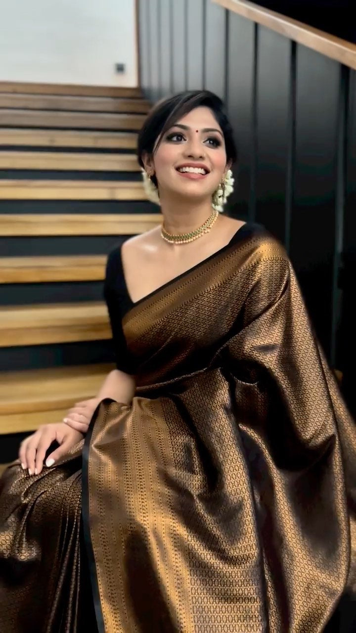 Lovely Black Soft Banarasi Silk Saree With Elaborate Blouse Piece - Shop authentic Indian Women's Fashion by Silk Folks