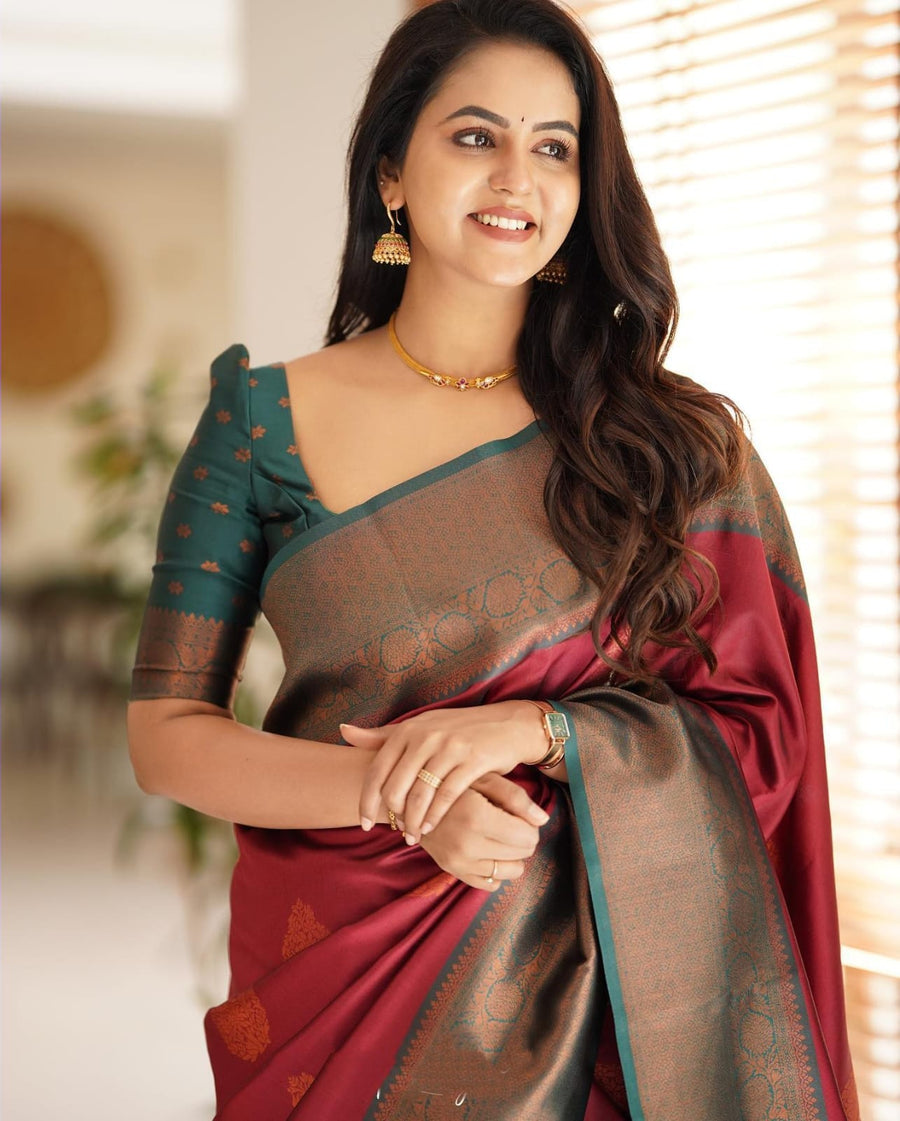 Artistic Maroon Soft Silk Saree With Splendorous Blouse Piece - Shop authentic Indian Women's Fashion by Silk Folks