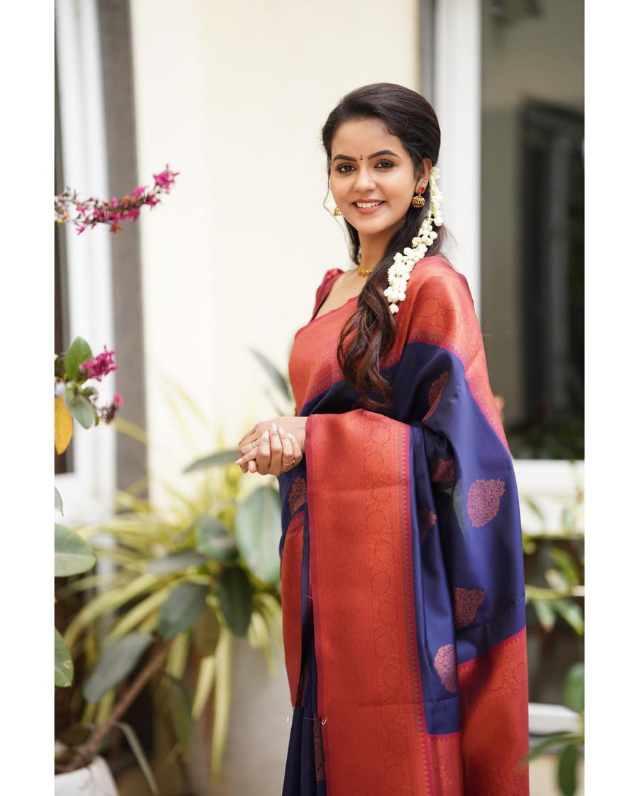 Tempting Navy Blue Soft Silk Saree With Glittering Blouse Piece - Shop authentic Indian Women's Fashion by Silk Folks