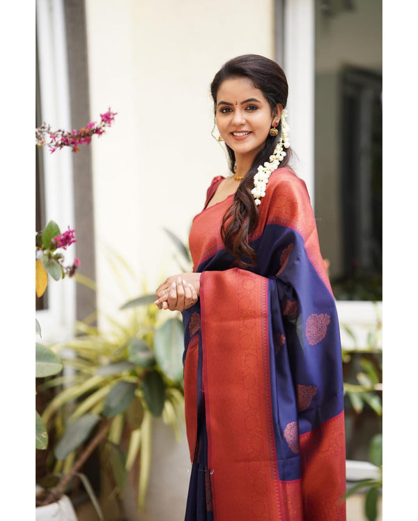 Tempting Navy Blue Soft Silk Saree With Glittering Blouse Piece - Shop authentic Indian Women's Fashion by Silk Folks
