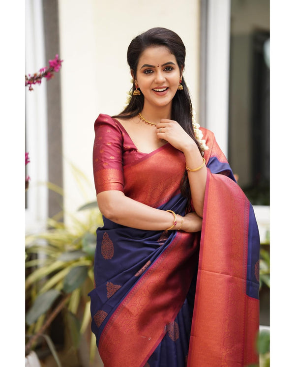 Tempting Navy Blue Soft Silk Saree With Glittering Blouse Piece - Shop authentic Indian Women's Fashion by Silk Folks