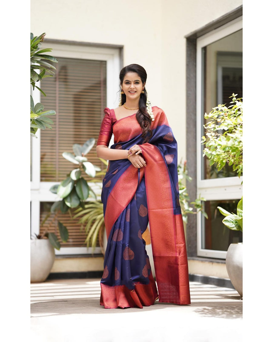 Tempting Navy Blue Soft Silk Saree With Glittering Blouse Piece - Shop authentic Indian Women's Fashion by Silk Folks