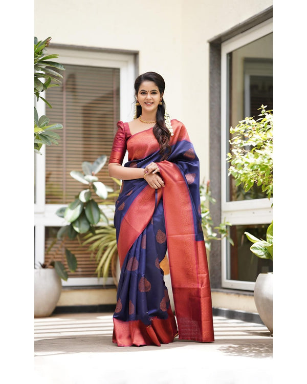 Tempting Navy Blue Soft Silk Saree With Glittering Blouse Piece - Shop authentic Indian Women's Fashion by Silk Folks