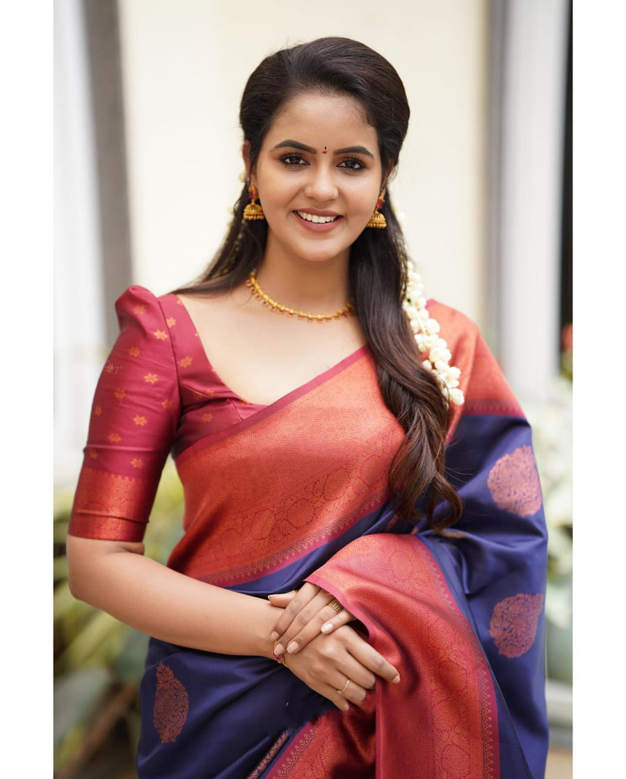 Tempting Navy Blue Soft Silk Saree With Glittering Blouse Piece - Shop authentic Indian Women's Fashion by Silk Folks