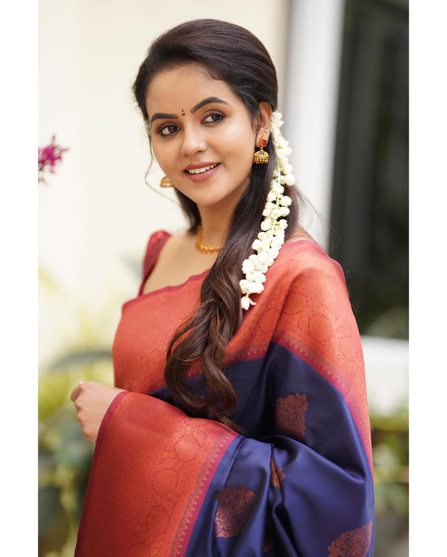 Tempting Navy Blue Soft Silk Saree With Glittering Blouse Piece - Shop authentic Indian Women's Fashion by Silk Folks