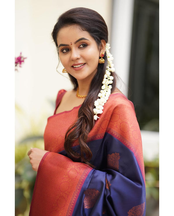 Tempting Navy Blue Soft Silk Saree With Glittering Blouse Piece - Shop authentic Indian Women's Fashion by Silk Folks