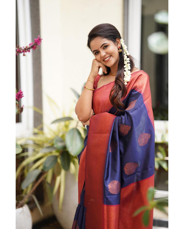 Tempting Navy Blue Soft Silk Saree With Glittering Blouse Piece - Shop authentic Indian Women's Fashion by Silk Folks