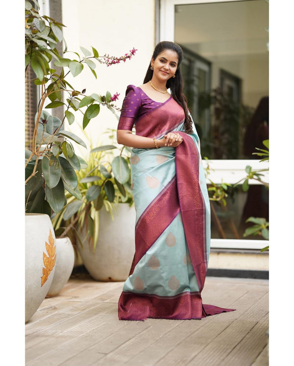 Sempiternal Sky Soft Silk Saree With Denouement Blouse Piece - Shop authentic Indian Women's Fashion by Silk Folks