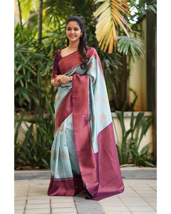 Sempiternal Sky Soft Silk Saree With Denouement Blouse Piece - Shop authentic Indian Women's Fashion by Silk Folks