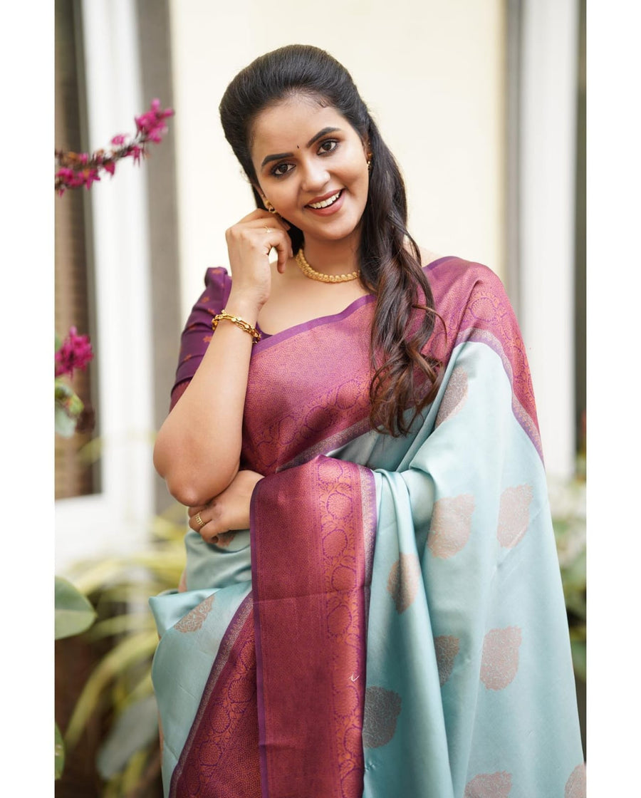 Sempiternal Sky Soft Silk Saree With Denouement Blouse Piece - Shop authentic Indian Women's Fashion by Silk Folks