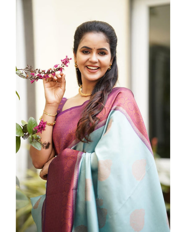Sempiternal Sky Soft Silk Saree With Denouement Blouse Piece - Shop authentic Indian Women's Fashion by Silk Folks
