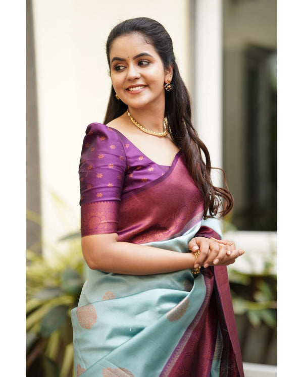 Sempiternal Sky Soft Silk Saree With Denouement Blouse Piece - Shop authentic Indian Women's Fashion by Silk Folks