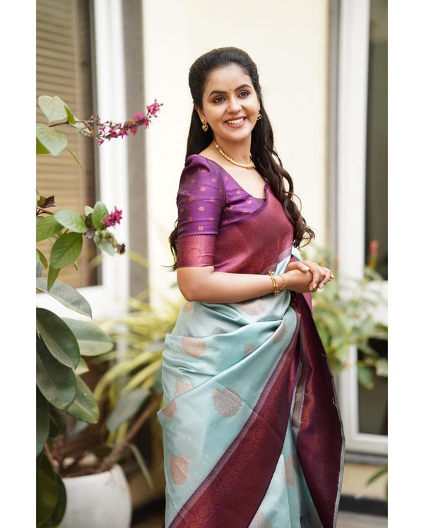 Sempiternal Sky Soft Silk Saree With Denouement Blouse Piece - Shop authentic Indian Women's Fashion by Silk Folks