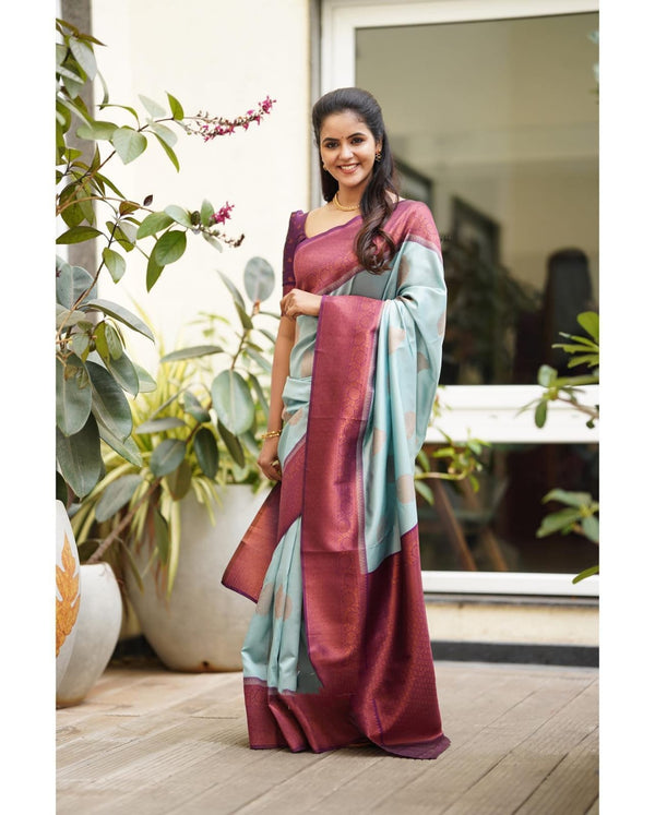 Sempiternal Sky Soft Silk Saree With Denouement Blouse Piece - Shop authentic Indian Women's Fashion by Silk Folks