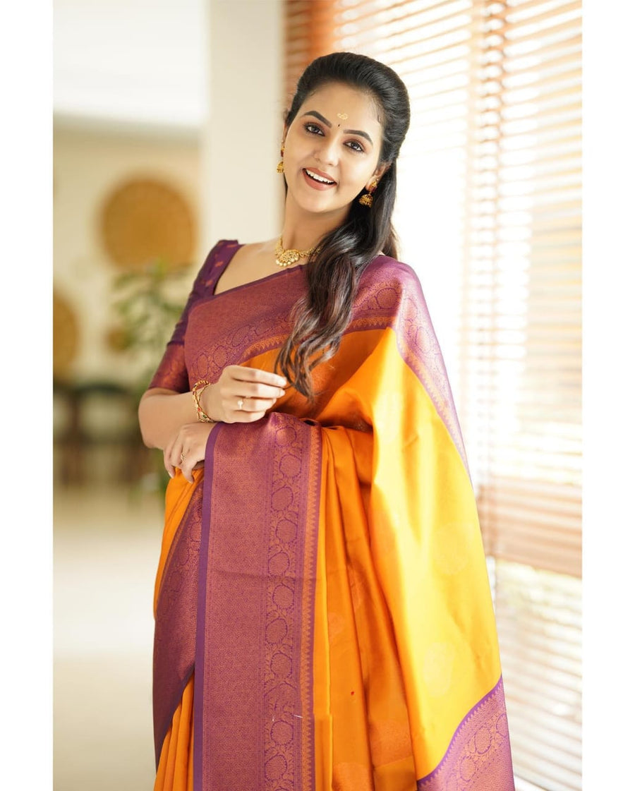 Smashing Yellow Soft Silk Saree With Scrumptious Blouse Piece - Shop authentic Indian Women's Fashion by Silk Folks