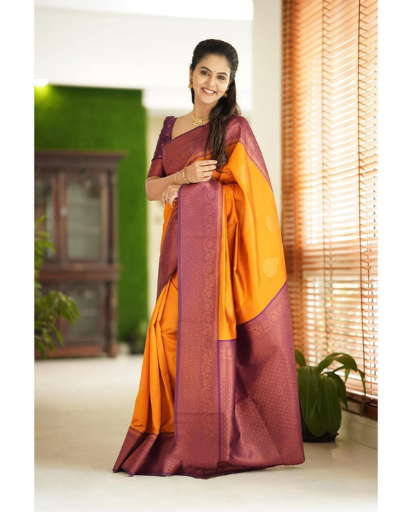 Smashing Yellow Soft Silk Saree With Scrumptious Blouse Piece - Shop authentic Indian Women's Fashion by Silk Folks