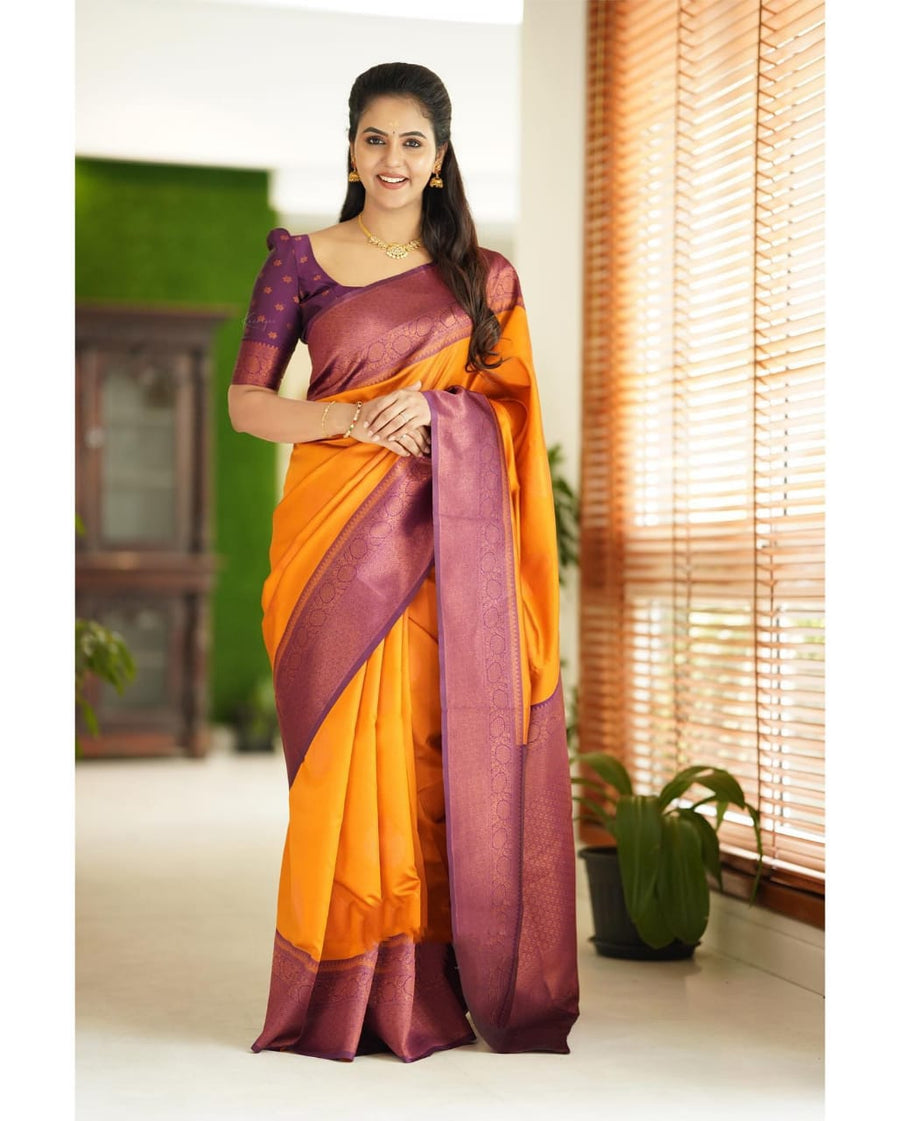 Smashing Yellow Soft Silk Saree With Scrumptious Blouse Piece - Shop authentic Indian Women's Fashion by Silk Folks