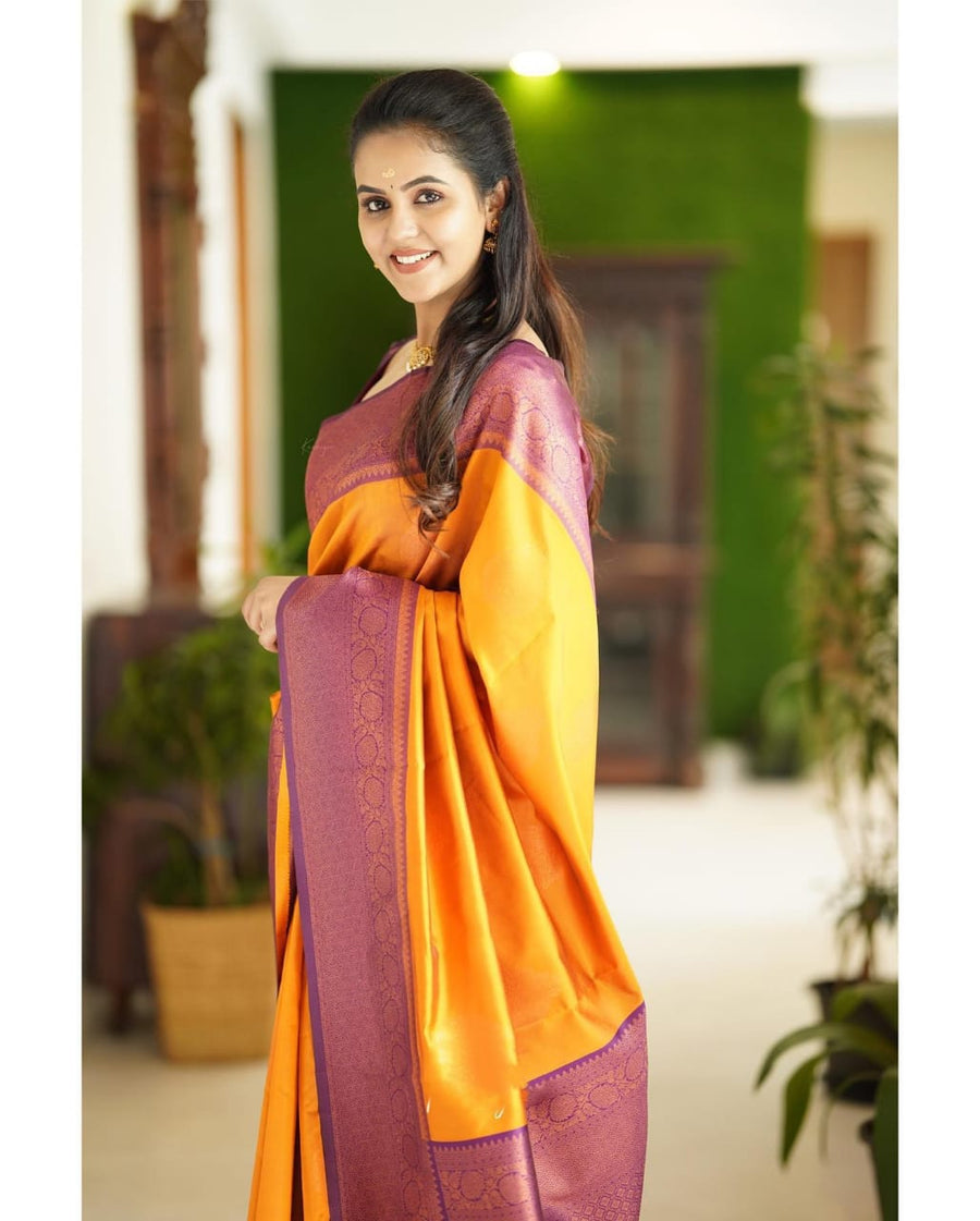 Smashing Yellow Soft Silk Saree With Scrumptious Blouse Piece - Shop authentic Indian Women's Fashion by Silk Folks
