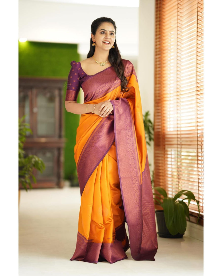 Smashing Yellow Soft Silk Saree With Scrumptious Blouse Piece - Shop authentic Indian Women's Fashion by Silk Folks