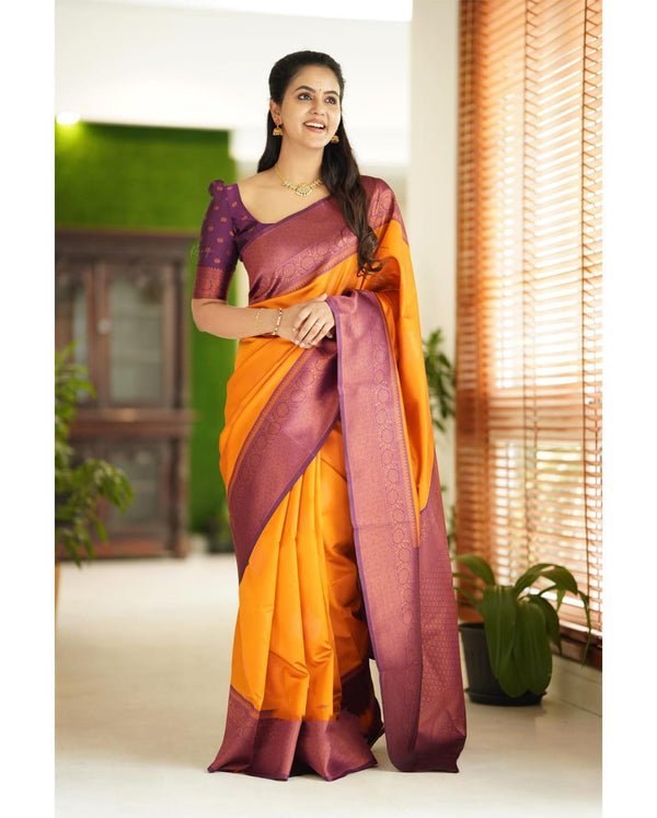 Smashing Yellow Soft Silk Saree With Scrumptious Blouse Piece - Shop authentic Indian Women's Fashion by Silk Folks