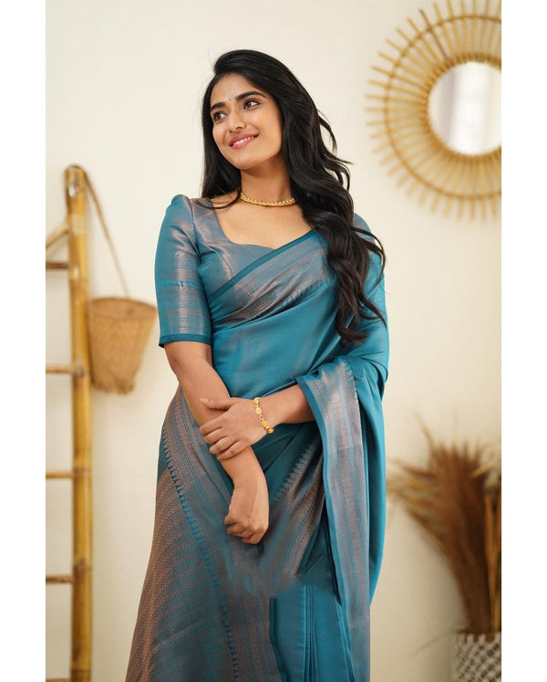 Luxuriant Firozi Soft Silk Saree With Elaborate Blouse Piece - Shop authentic Indian Women's Fashion by Silk Folks