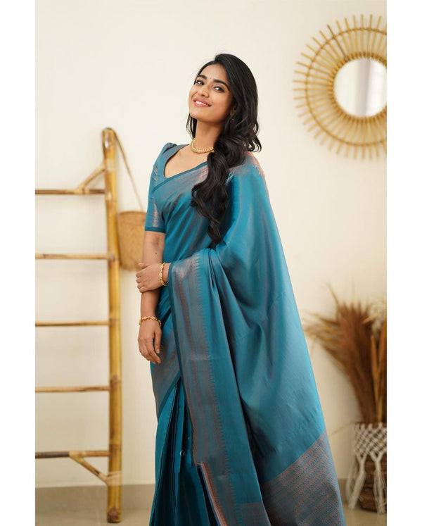 Luxuriant Firozi Soft Silk Saree With Elaborate Blouse Piece - Shop authentic Indian Women's Fashion by Silk Folks