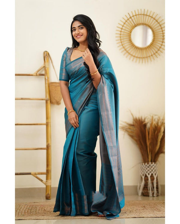 Luxuriant Firozi Soft Silk Saree With Elaborate Blouse Piece - Shop authentic Indian Women's Fashion by Silk Folks