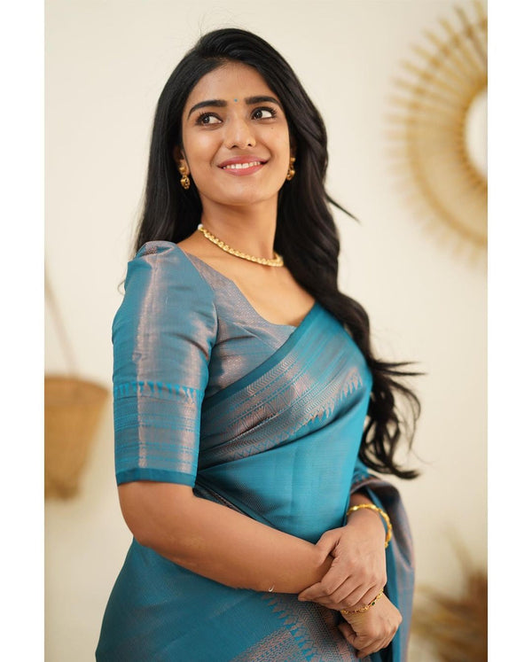 Luxuriant Firozi Soft Silk Saree With Elaborate Blouse Piece - Shop authentic Indian Women's Fashion by Silk Folks