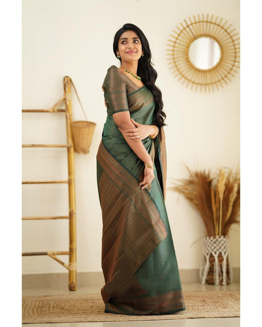 Unequalled Green Soft Silk Saree With Fragrant Blouse Piece - Shop authentic Indian Women's Fashion by Silk Folks