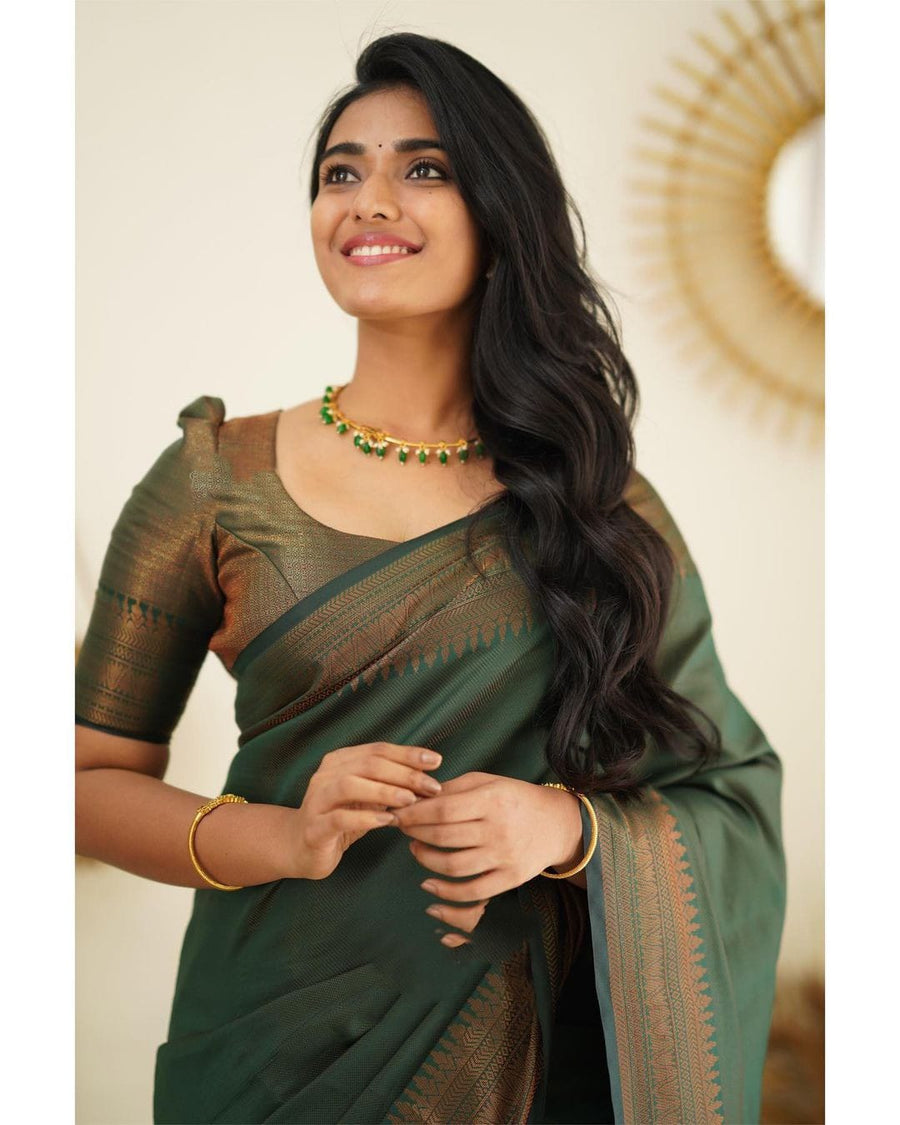 Unequalled Green Soft Silk Saree With Fragrant Blouse Piece - Shop authentic Indian Women's Fashion by Silk Folks