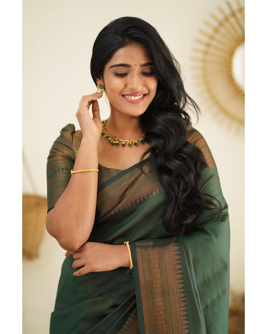 Unequalled Green Soft Silk Saree With Fragrant Blouse Piece - Shop authentic Indian Women's Fashion by Silk Folks