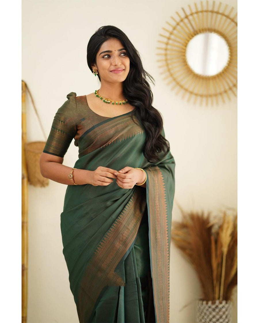 Unequalled Green Soft Silk Saree With Fragrant Blouse Piece - Shop authentic Indian Women's Fashion by Silk Folks