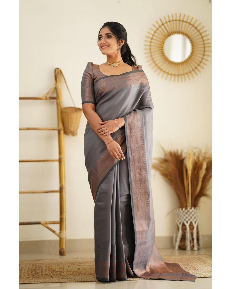 Magnetic Grey Soft Silk Saree With Palimpsest Blouse Piece - Shop authentic Indian Women's Fashion by Silk Folks