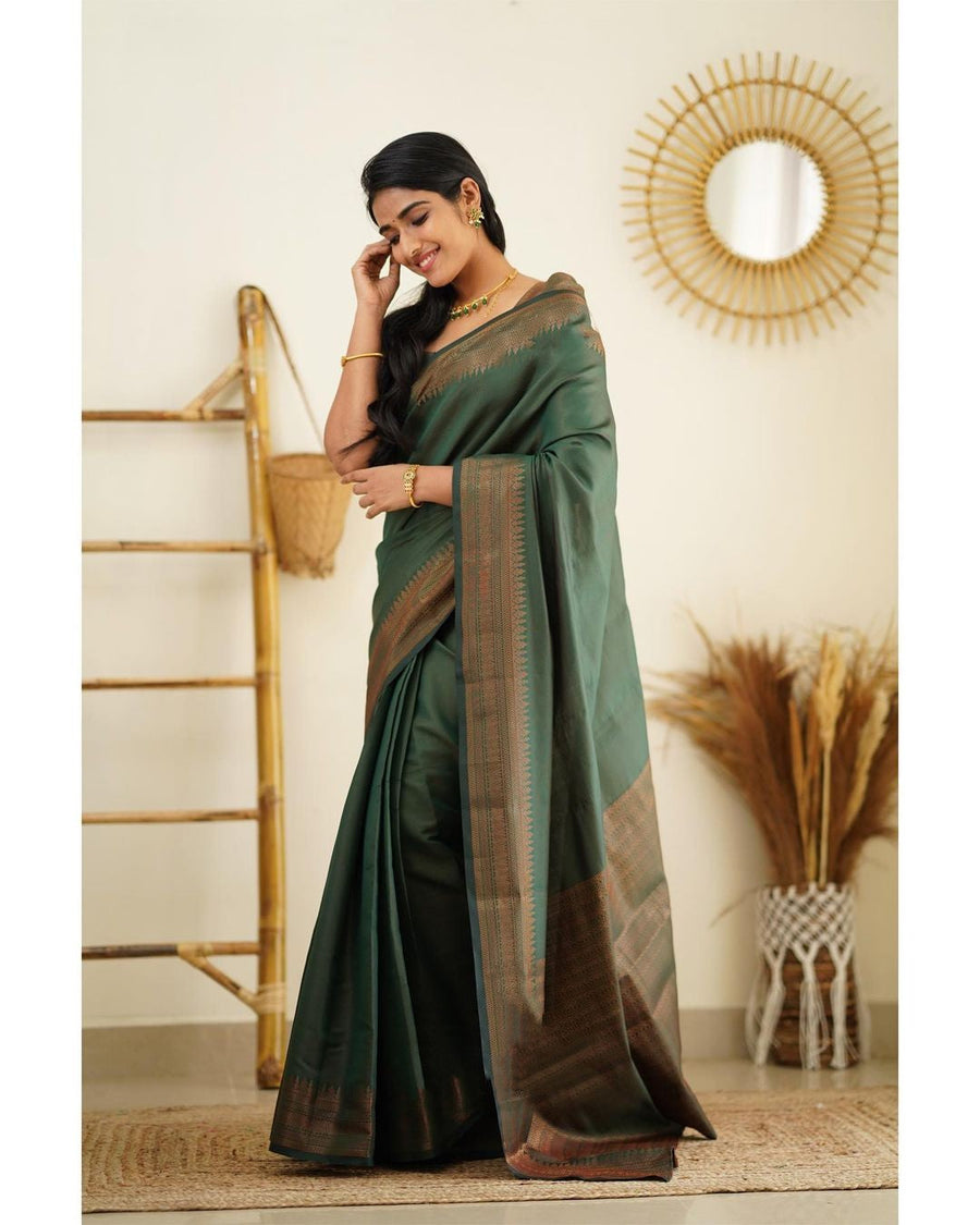 Unequalled Green Soft Silk Saree With Fragrant Blouse Piece - Shop authentic Indian Women's Fashion by Silk Folks