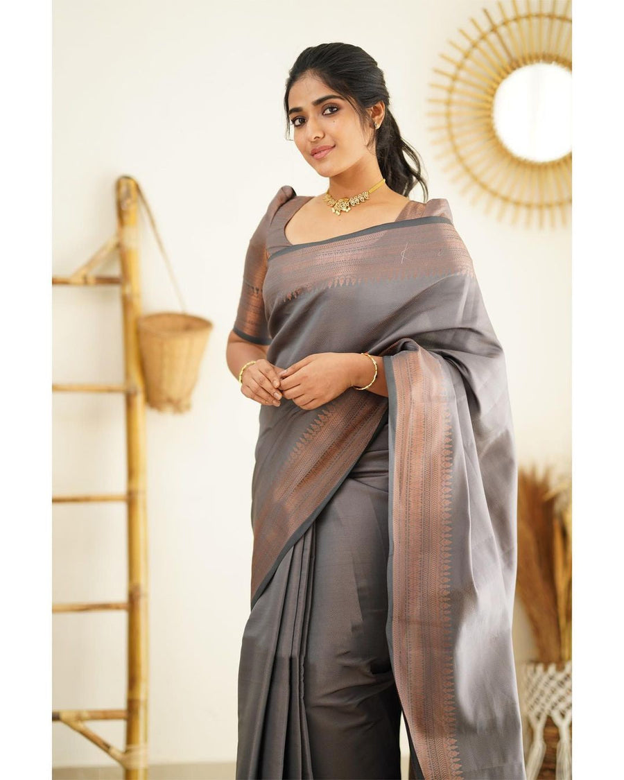Magnetic Grey Soft Silk Saree With Palimpsest Blouse Piece - Shop authentic Indian Women's Fashion by Silk Folks