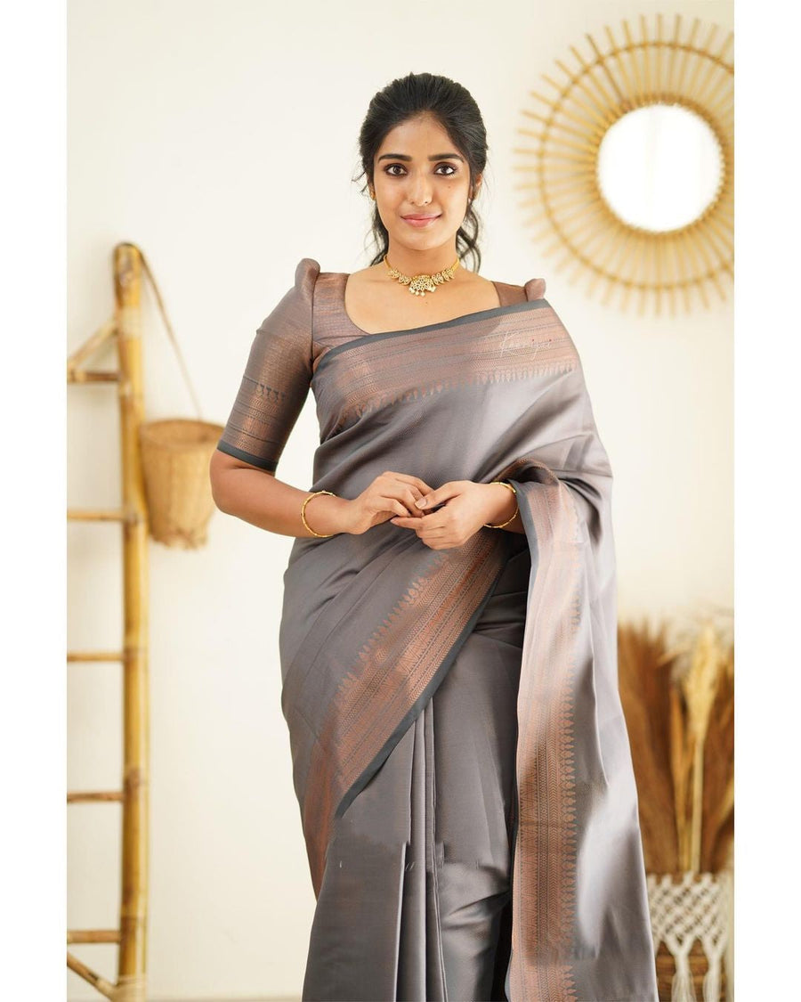 Magnetic Grey Soft Silk Saree With Palimpsest Blouse Piece - Shop authentic Indian Women's Fashion by Silk Folks