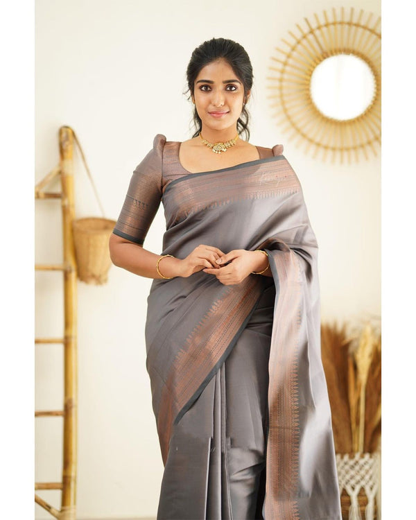 Magnetic Grey Soft Silk Saree With Palimpsest Blouse Piece - Shop authentic Indian Women's Fashion by Silk Folks