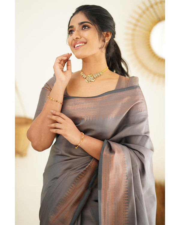 Magnetic Grey Soft Silk Saree With Palimpsest Blouse Piece - Shop authentic Indian Women's Fashion by Silk Folks