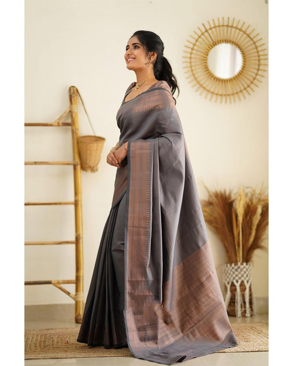 Magnetic Grey Soft Silk Saree With Palimpsest Blouse Piece - Shop authentic Indian Women's Fashion by Silk Folks