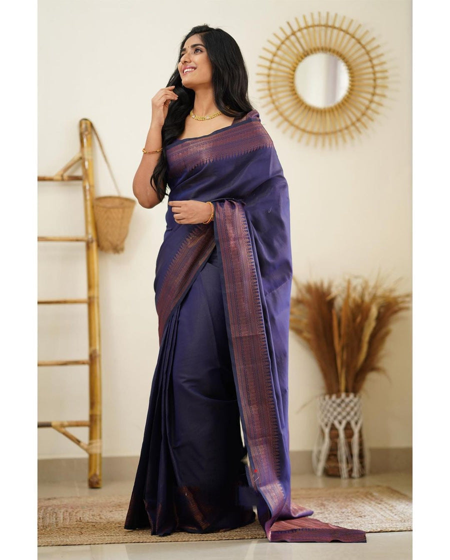 Dissemble Navy Blue Soft Silk Saree With Gossamer Blouse Piece - Shop authentic Indian Women's Fashion by Silk Folks