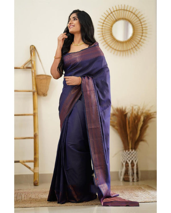 Dissemble Navy Blue Soft Silk Saree With Gossamer Blouse Piece - Shop authentic Indian Women's Fashion by Silk Folks