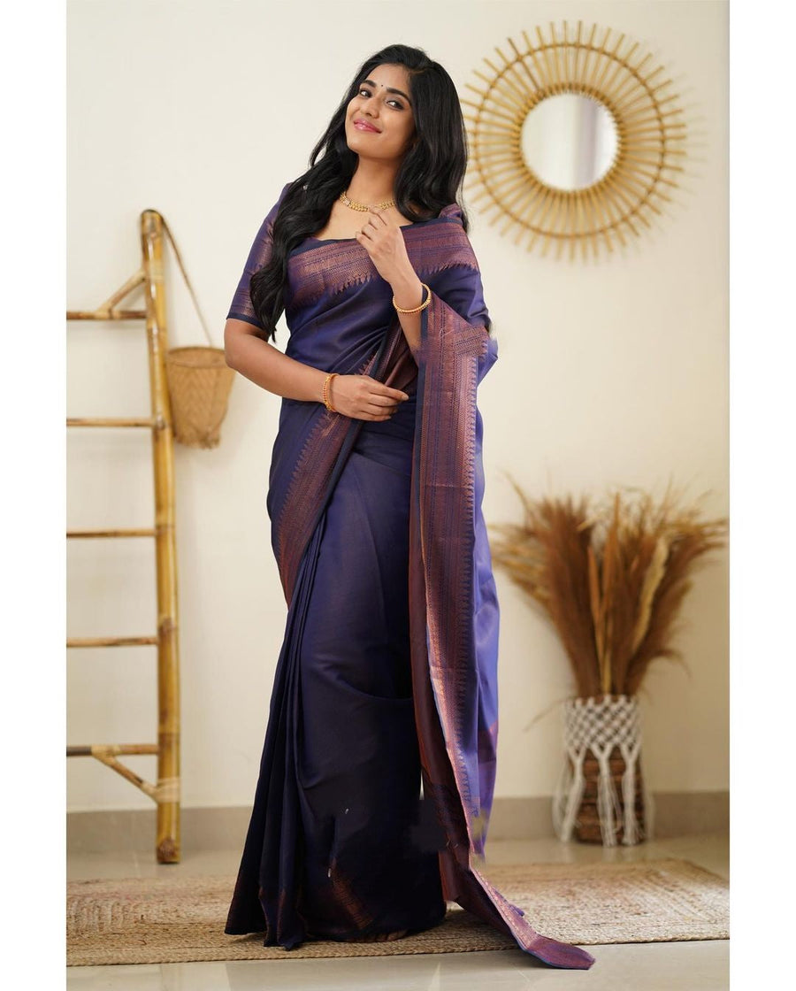 Dissemble Navy Blue Soft Silk Saree With Gossamer Blouse Piece - Shop authentic Indian Women's Fashion by Silk Folks