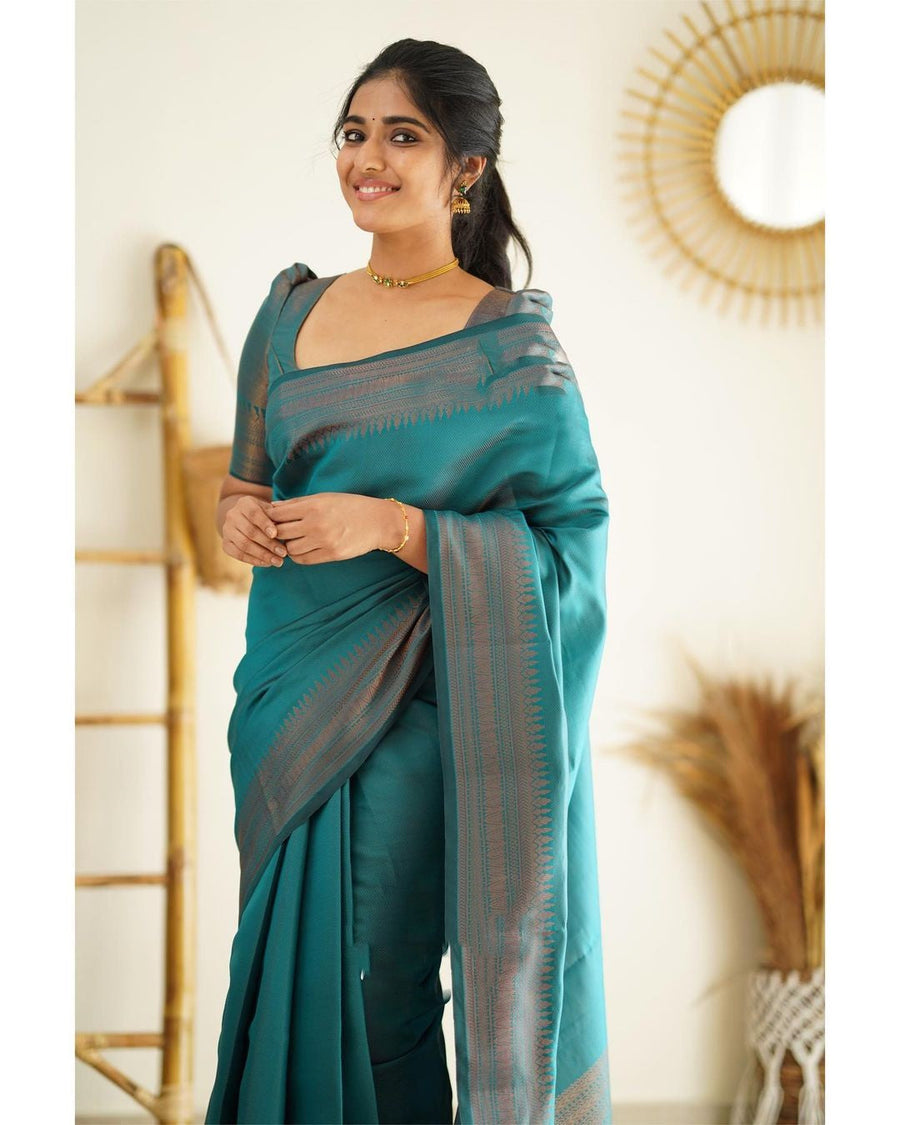 Eloquence Rama Soft Silk Saree With Lagniappe Blouse Piece - Shop authentic Indian Women's Fashion by Silk Folks