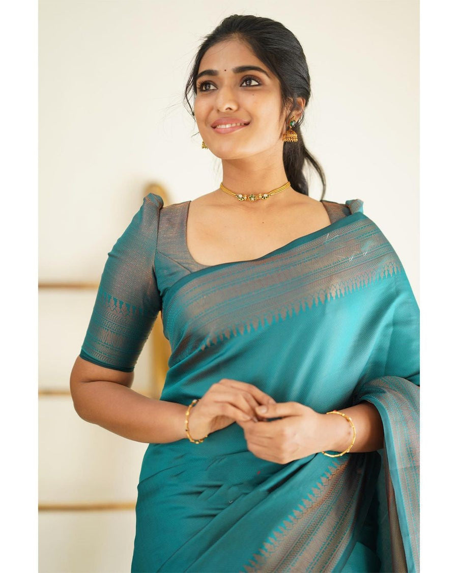 Eloquence Rama Soft Silk Saree With Lagniappe Blouse Piece - Shop authentic Indian Women's Fashion by Silk Folks